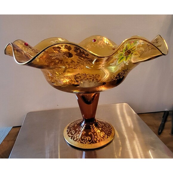 VINTAGE GOLD TONE GLASS PEDESTAL BOWL WITH PAINTED FLORAL ACCENT - Picture 1 of 5